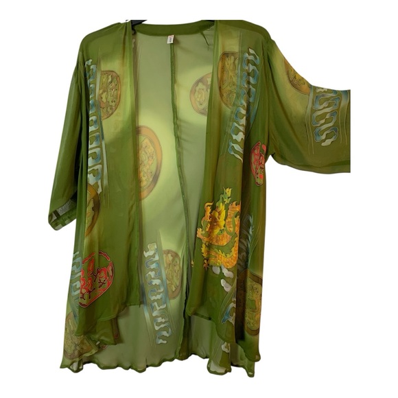 CeCe Tops - CeC me Green Sheer Kimono with Graphic Print